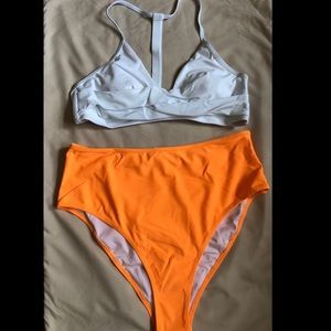 White bikini top with Orange high waisted bottoms